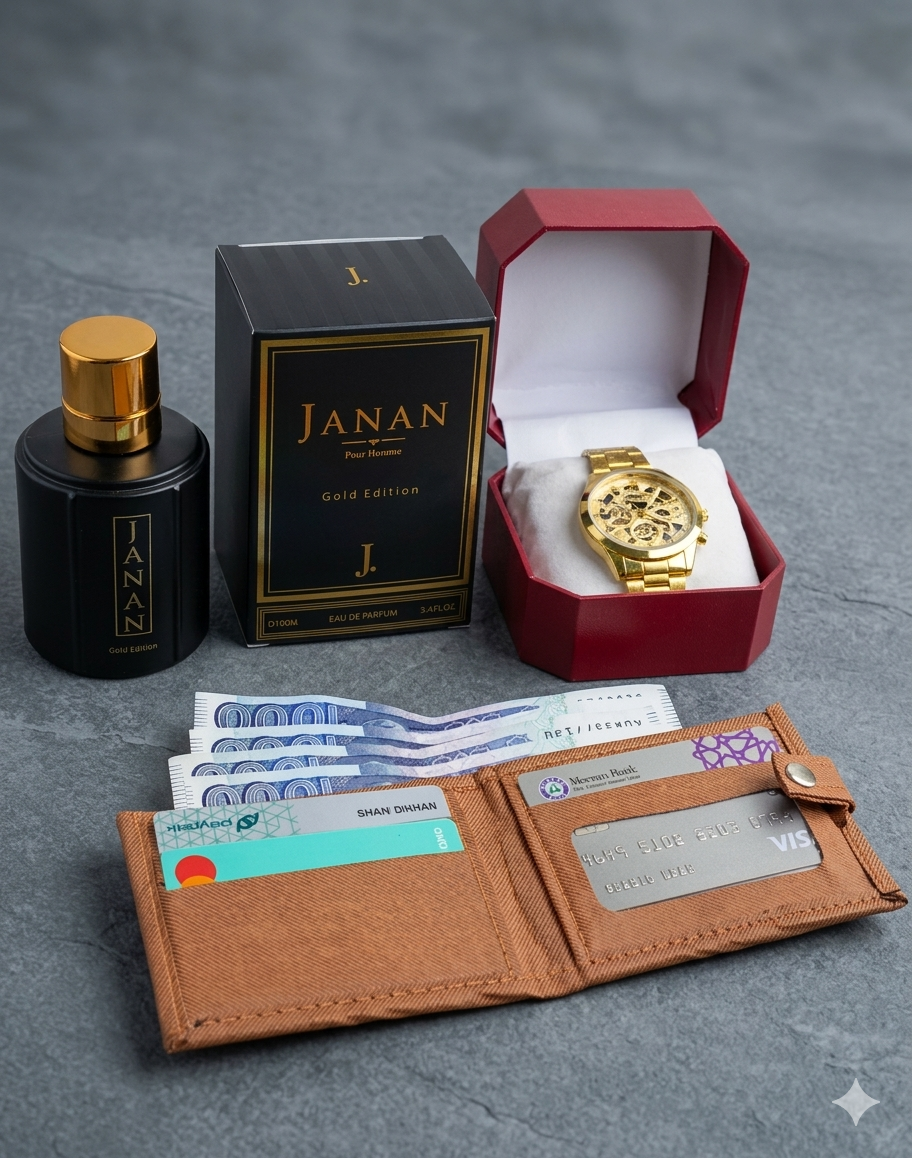 3-in-1 Premium Gift Set – Perfume (100ml) + Stylish Watch + Mini Wallet