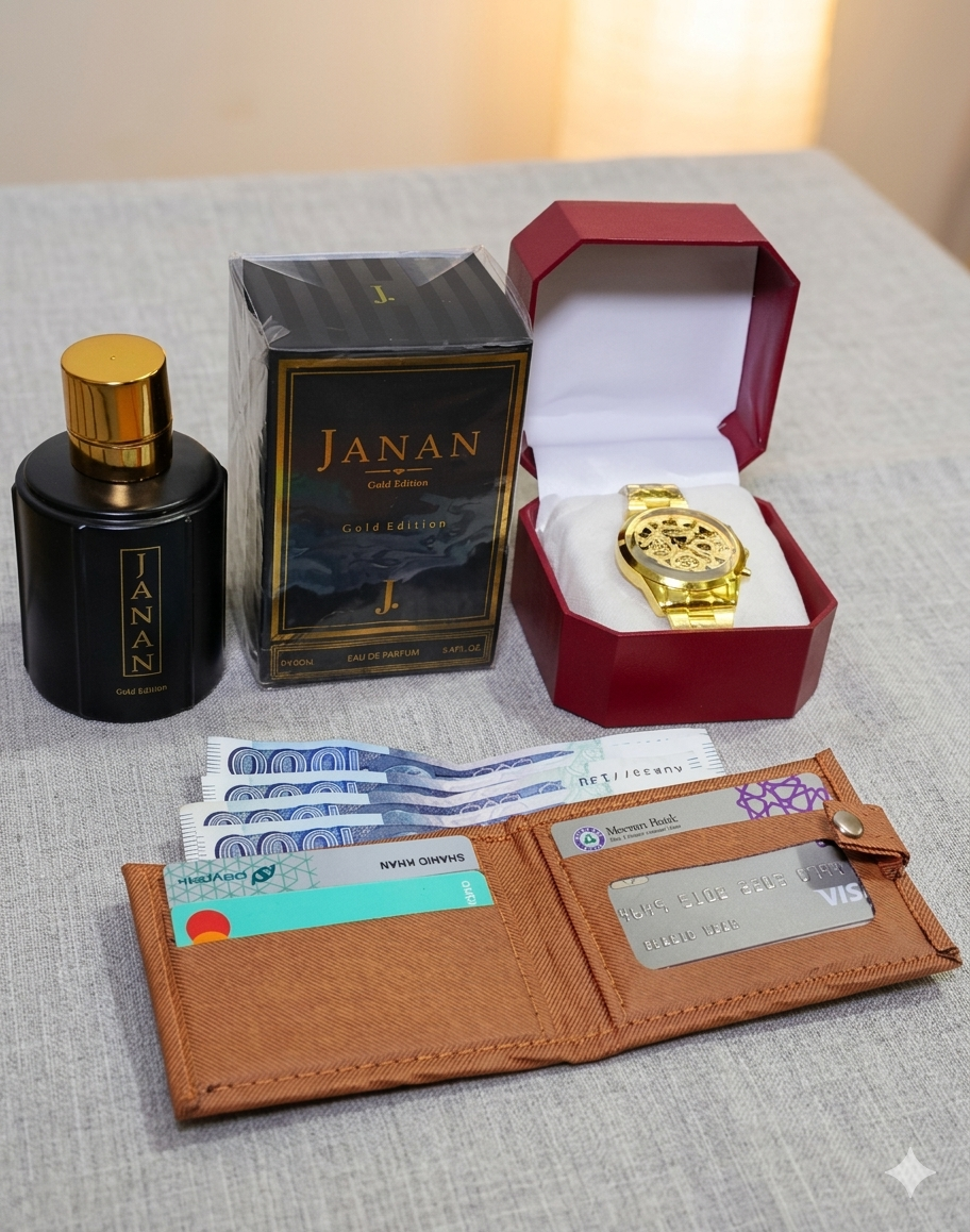 3 in 1 Elite Men's Style Combo – Premium Perfume, Luxury Watch & Classic Wallet Set