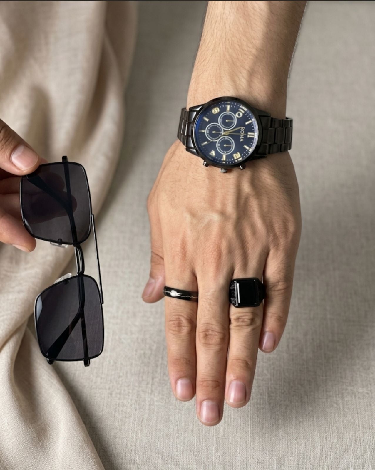 4-in-1 Premium Men's Style Combo – Watch, Sunglasses & 2 Rings